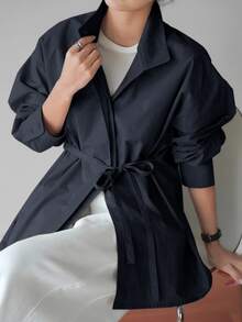 DAZY 女款寬鬆商務休閒簡約優雅辦公通勤長袖襯衫，附腰帶抽繩繫帶，海軍藍，秋季 - 藏蓝色 - 查看 2