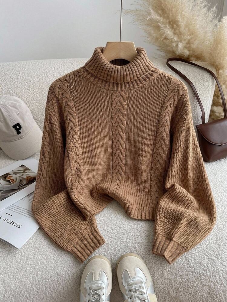 Joliand Tween Girl High Neck Kids Pullover Cable Knit Textured Loose Long Sleeve Sweater , Comfortable Sweater Fall/Winter - Brown - View 3