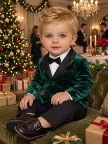 SHEIN Baby Boy 2 Pieces Set With Turn-Down Collar Long Sleeve Button-Up Jacket And Elastic Waist Long Pants, Suitable For Birthday Party, Baptism, 1st Birthday Celebration, Evening Party, Performance, Wedding, Baby Party, Christmas Party And Other Occasions - Multicolor - View 1