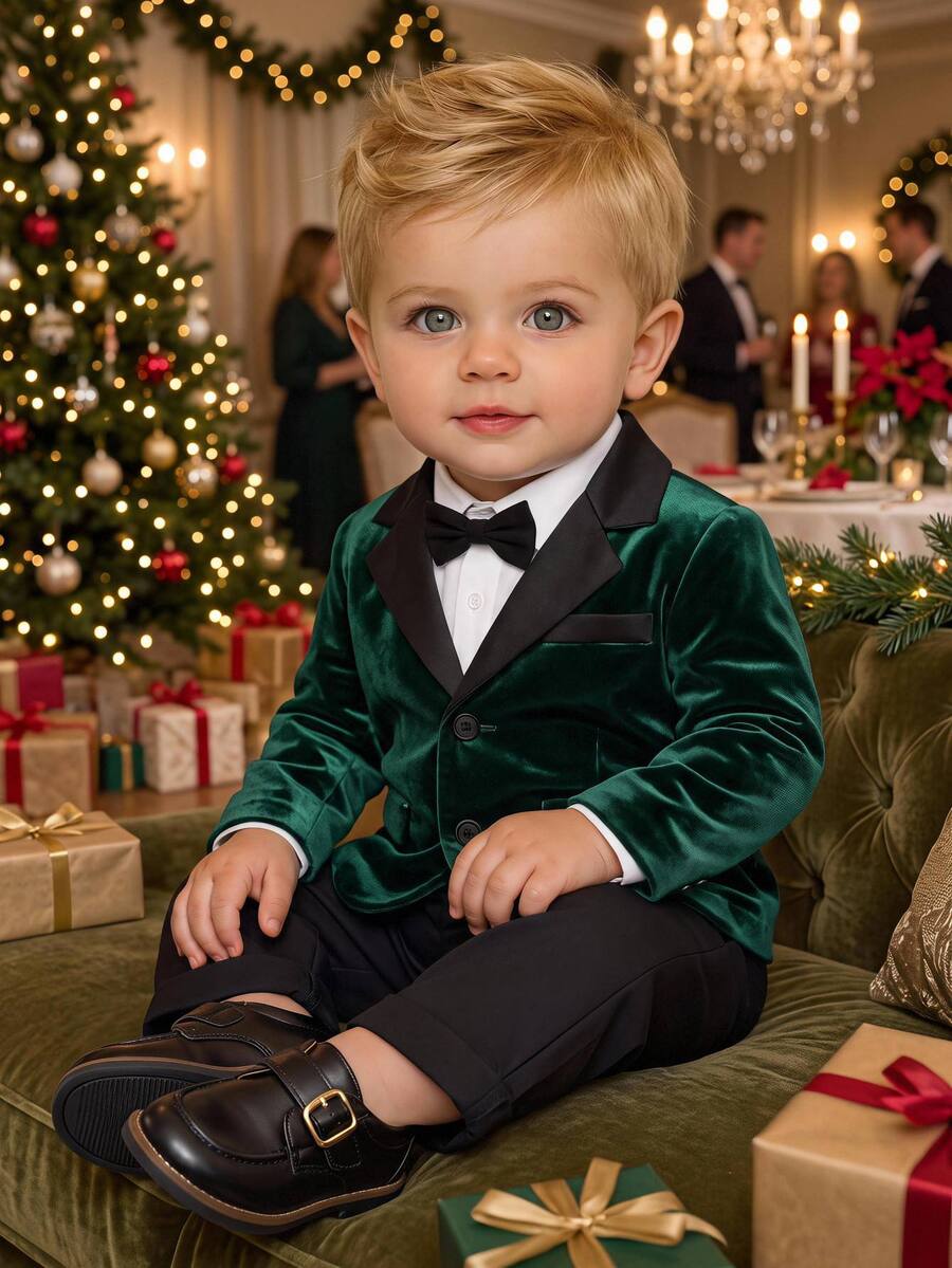 SHEIN Baby Boy 2 Pieces Set With Turn-Down Collar Long Sleeve Button-Up Jacket And Elastic Waist Long Pants, Suitable For Birthday Party, Baptism, 1st Birthday Celebration, Evening Party, Performance, Wedding, Baby Party, Christmas Party And Other Occasions - Multicolor - View 1