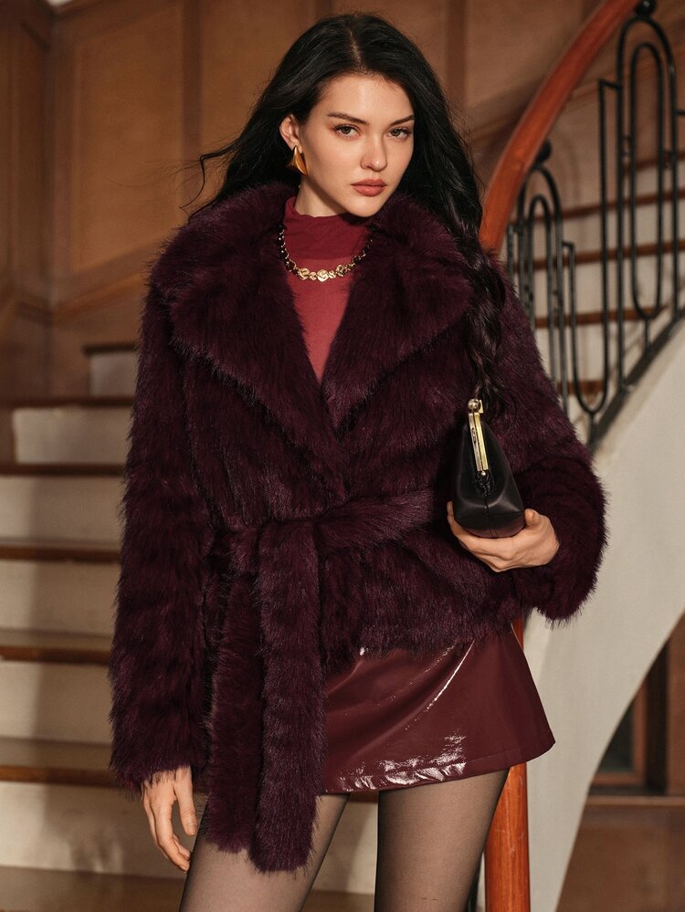Anewsta Women's Autumn/Winter Short Faux Fur Coat With Large Lapel And Tie - Burgundy - View 3