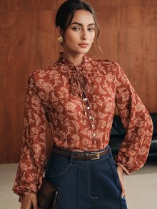 Anewsta Women's Elegant Boho Long Sleeve Semi-Sheer Jacquard Textured Print Blouse Thanksgiving Brunch Brown Floral Fall - Redwood - View 3