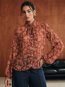 Anewsta Women's Elegant Boho Long Sleeve Semi-Sheer Jacquard Textured Print Blouse Thanksgiving Brunch Brown Floral Fall - Redwood - View 4
