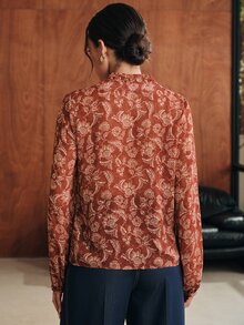 Anewsta Women's Elegant Boho Long Sleeve Semi-Sheer Jacquard Textured Print Blouse Thanksgiving Brunch Brown Floral Fall - Redwood - View 7