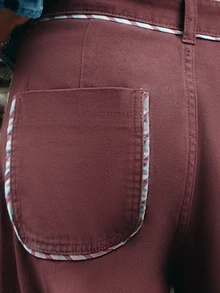 Nöista Wide Leg Denim Trousers With Contrast Waist And Pockets. Fall Winter, Casual Retro, Everyday, Back To School. White And Burgundy - Purple - View 8