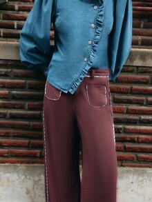 Nöista Wide Leg Denim Trousers With Contrast Waist And Pockets. Fall Winter, Casual Retro, Everyday, Back To School. White And Burgundy - Purple - View 5