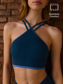Nöista Part Of A Set, Sport's Halter Top In Rib Structur, In Navy Color With Contrast Detail, Seamless. Activewear, Yoga, Gym, Workout, Barre, Pilates. - Navy Blue - View 3