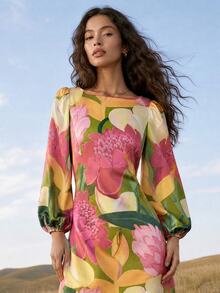 CAJUNI Tropical Vacation Flowers Gouache Mini Dress,Fall Clothes For Women Green And Yellow Romantic - Multicolor - View 3