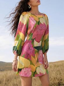 CAJUNI Tropical Vacation Flowers Gouache Mini Dress,Fall Clothes For Women Green And Yellow Romantic - Multicolor - View 5