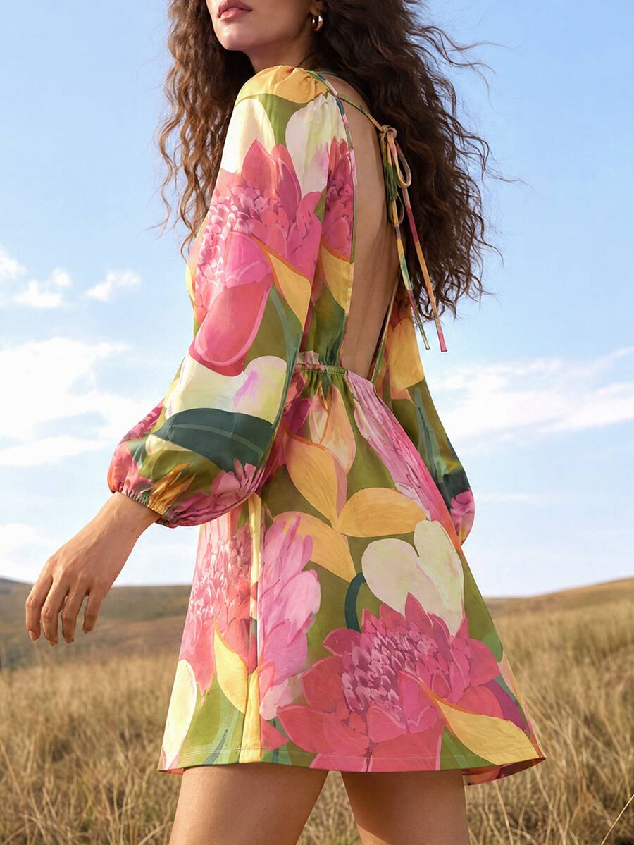 CAJUNI Tropical Vacation Flowers Gouache Mini Dress,Fall Clothes For Women Green And Yellow Romantic - Multicolor - View 1