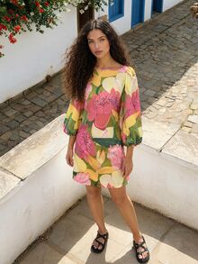 CAJUNI Tropical Vacation Flowers Gouache Mini Dress,Fall Clothes For Women Green And Yellow Romantic - Multicolor - View 2