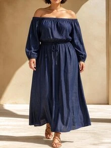 SHEIN LUNE CURVE Plus Size Women's Soft Denim Effect Cold Shoulder Dress With Cinched Waist, 3/4 Sleeve, Loose Casual Baggy Dress Fall Vacation Homewear - Navy Blue - View 8