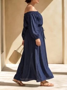 SHEIN LUNE CURVE Plus Size Women's Soft Denim Effect Cold Shoulder Dress With Cinched Waist, 3/4 Sleeve, Loose Casual Baggy Dress Fall Vacation Homewear - Navy Blue - View 7