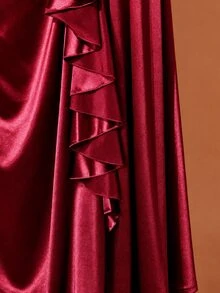 Rometta Gaun Wanita Ukuran Besar Warna Biru Tua dengan Satu Bahu, Pinggang Berkerut, dan Hem Berumbai Asimetris, Dihiasi Gesper Berlian Imitasi, Cocok untuk Acara Jalan-jalan, Pesta, Acara Malam Hari, Jamuan, Pesta Ulang Tahun, Gaun Malam Mewah yang Elegan, Gaun Panjang - Burgundy - View 6