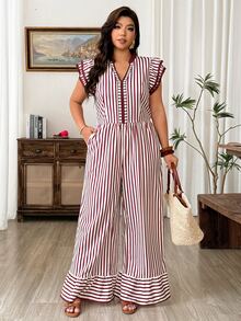 Weeklong Women's Plus Size Flutter Sleeve Cinched Waist With Pockets Striped Placement Print Long Casual Vacation Jumpsuit - Rust Brown - View 5