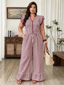 Weeklong Women's Plus Size Flutter Sleeve Cinched Waist With Pockets Striped Placement Print Long Casual Vacation Jumpsuit - Rust Brown - View 9