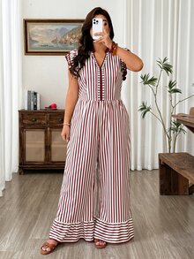 Weeklong Women's Plus Size Flutter Sleeve Cinched Waist With Pockets Striped Placement Print Long Casual Vacation Jumpsuit - Rust Brown - View 4