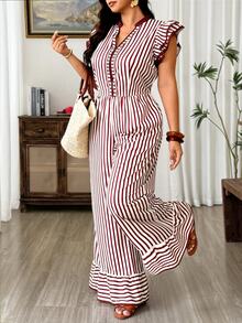 Weeklong Women's Plus Size Flutter Sleeve Cinched Waist With Pockets Striped Placement Print Long Casual Vacation Jumpsuit - Rust Brown - View 1