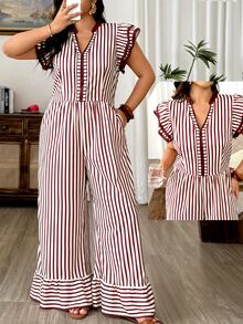 Weeklong Women's Plus Size Flutter Sleeve Cinched Waist With Pockets Striped Placement Print Long Casual Vacation Jumpsuit - Rust Brown - View 3