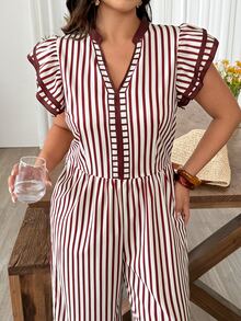 Weeklong Women's Plus Size Flutter Sleeve Cinched Waist With Pockets Striped Placement Print Long Casual Vacation Jumpsuit - Rust Brown - View 2
