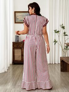 Weeklong Women's Plus Size Flutter Sleeve Cinched Waist With Pockets Striped Placement Print Long Casual Vacation Jumpsuit - Rust Brown - View 8