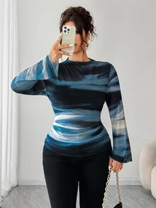 Elenzga 大尺碼女款海軍藍復古性感休閒正式優雅漸層印花網紗彈性長袖T恤上衣，適合秋季外出約會之夜 - 彩色 - 查看 8