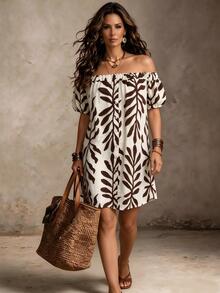 Weeklong Women's Plus Size Summer Square Neck Short Sleeve Leaf Print Comfortable Dress, Suitable For Casual Vacation, Beach, Daily Commute - Khaki - View 1