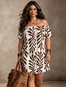 Weeklong Women's Plus Size Summer Square Neck Short Sleeve Leaf Print Comfortable Dress, Suitable For Casual Vacation, Beach, Daily Commute - Khaki - View 8