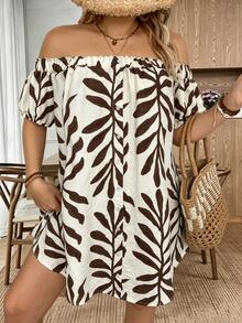Weeklong Women's Plus Size Summer Square Neck Short Sleeve Leaf Print Comfortable Dress, Suitable For Casual Vacation, Beach, Daily Commute - Khaki - View 5