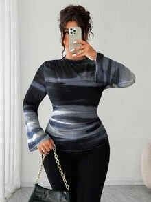 Elenzga 大码女式复古优雅修身褶皱渐变印花网纱弹力长袖打底T恤衫上衣，女士春秋服装 - 黑與白 - 查看 7
