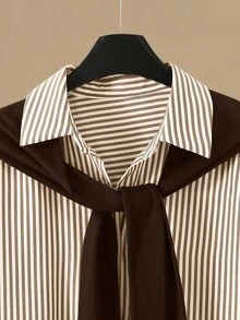 GlowEve CURVE Plus Size Striped Button-Front Shirt And Pants 2 Pieces Set, Commuter Style, Autumn Fall - Brown - View 6