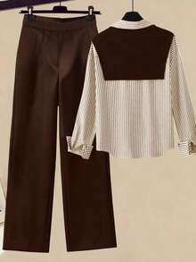 GlowEve CURVE Plus Size Striped Button-Front Shirt And Pants 2 Pieces Set, Commuter Style, Autumn Fall - Brown - View 4