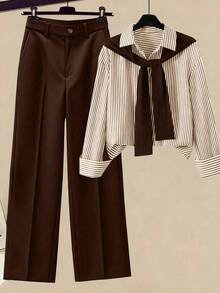 GlowEve CURVE Plus Size Striped Button-Front Shirt And Pants 2 Pieces Set, Commuter Style, Autumn Fall - Brown - View 1