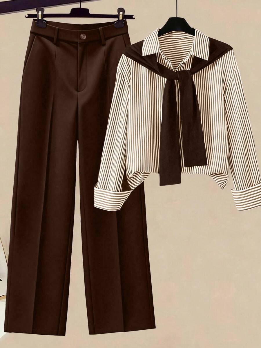 GlowEve CURVE Plus Size Striped Button-Front Shirt And Pants 2 Pieces Set, Commuter Style, Autumn Fall - Brown - View 1