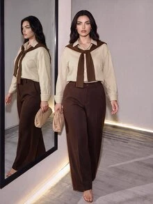 GlowEve CURVE Plus Size Striped Button-Front Shirt And Pants 2 Pieces Set, Commuter Style, Autumn Fall - Brown - View 2