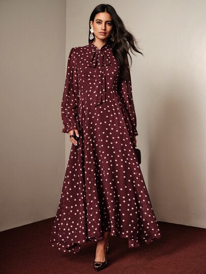 BELROSIE Women's Dress A-Line Waisted Chiffon Tie Neck Bow Ruffle Cuffs Flared Hem Elegant Burgundy Polka Dot Elegant Long Dress Fall Clothes Thanksgiving