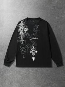 ROMWE MEN Street Life Teen Boy Waffle Fabric T-Shirt With Gothic Cross Print, Suitable For Daily Wear, Also Wearable In Autumn And Winter - Black - View 3