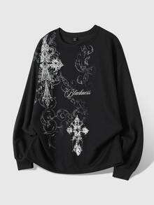 ROMWE MEN Street Life Teen Boy Waffle Fabric T-Shirt With Gothic Cross Print, Suitable For Daily Wear, Also Wearable In Autumn And Winter - Black - View 1