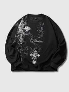 ROMWE MEN Street Life Teen Boy Waffle Fabric T-Shirt With Gothic Cross Print, Suitable For Daily Wear, Also Wearable In Autumn And Winter - Black - View 5