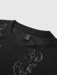 ROMWE MEN Street Life Teen Boy Waffle Fabric T-Shirt With Gothic Cross Print, Suitable For Daily Wear, Also Wearable In Autumn And Winter - Black - View 7