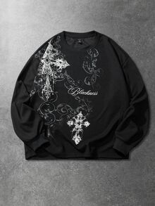 ROMWE MEN Street Life Teen Boy Waffle Fabric T-Shirt With Gothic Cross Print, Suitable For Daily Wear, Also Wearable In Autumn And Winter - Black - View 4