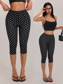 SHEIN PETITE Women's High Elastic High Waist Black And White Polka Dot Leggings Suitable For Holiday,Sports Casual Basic, Daily Wear Workout Gym Summer,Fall,Petite - Black - View 10