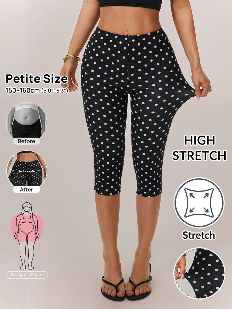 SHEIN PETITE Women's High Elastic High Waist Black And White Polka Dot Leggings Suitable For Holiday,Sports Casual Basic, Daily Wear Workout Gym Summer,Fall,Petite - Black - View 1