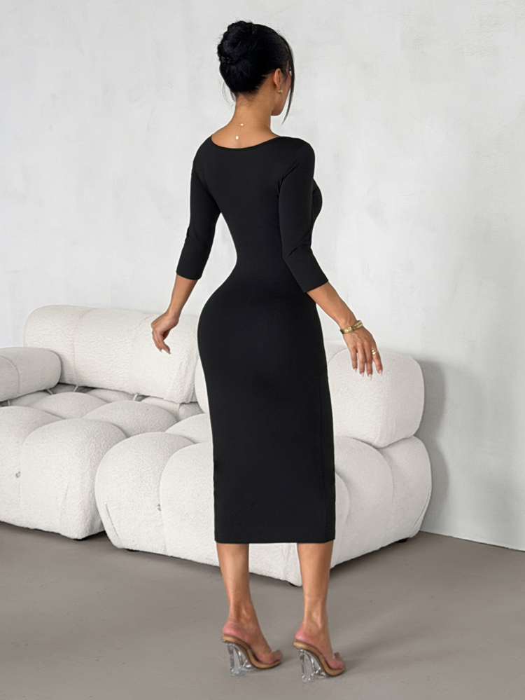 SHEIN PETITE Solid Square Neck Three-Quarter Sleeve Bodycon Dress,Night Out Date Night Black Autumn Sexy,Wearing Versatile Dresses For Daily Wear,Petite Women - Black - View 2