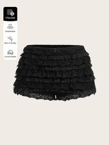SHEIN ICON Pantalones cortos blancos para mujer con capas múltiples y dobladillo de volantes, estilo Y2K de bajo aumento para salir a conciertos - Negro - Ver 3