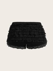 SHEIN ICON Pantalones cortos blancos para mujer con capas múltiples y dobladillo de volantes, estilo Y2K de bajo aumento para salir a conciertos - Negro - Ver 6