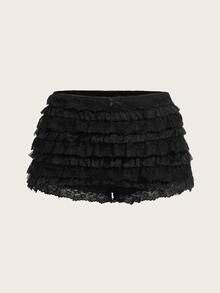 SHEIN ICON Pantalones cortos blancos para mujer con capas múltiples y dobladillo de volantes, estilo Y2K de bajo aumento para salir a conciertos - Negro - Ver 2