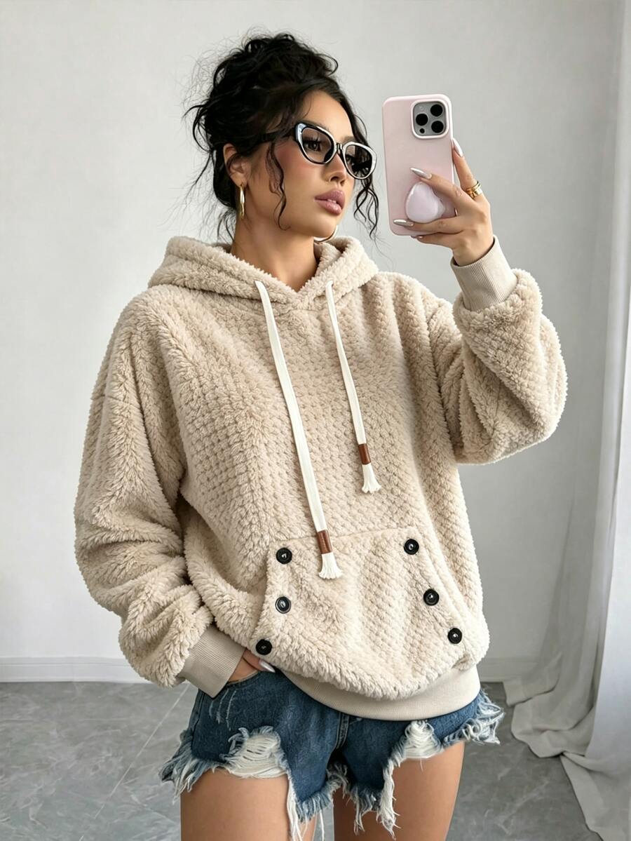 Penseblé 2025 Autumn/Winter Slouchy Casual Daily Wear High-End Design Patchwork Contrast Color Hooded Lamb Fleece Thickened Loose Long Sleeve Sweatshirt Versatile - Brown - View 1