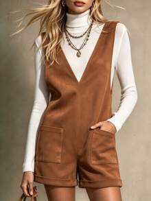 LanaWest Bohemian Vintage Distressed Brown Loose Wide Leg Rolled Hem Cargo Overall Shorts - Brown - View 2