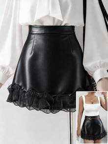 Selianne Damen eleganter plissierter Saum Bogen Blumen Jacquard Satin glänzender elastischer Bund unsichtbarer Reißverschluss A-Linie Rock, geeignet für tägliche Fahrten und Dates - Schwarz - Übersicht 3